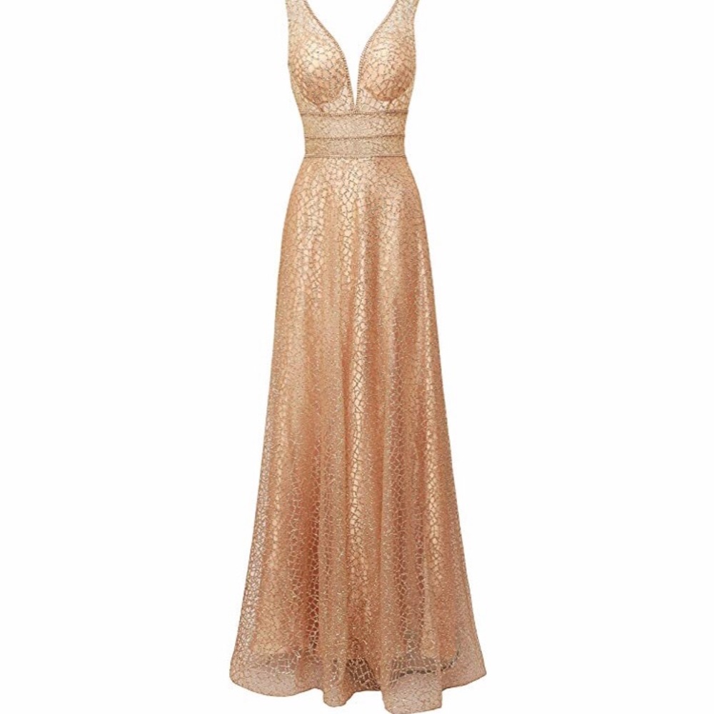🆕 Women's Glitter Tulle Double V-Neck A-Line Gown - Picture 2 of 5